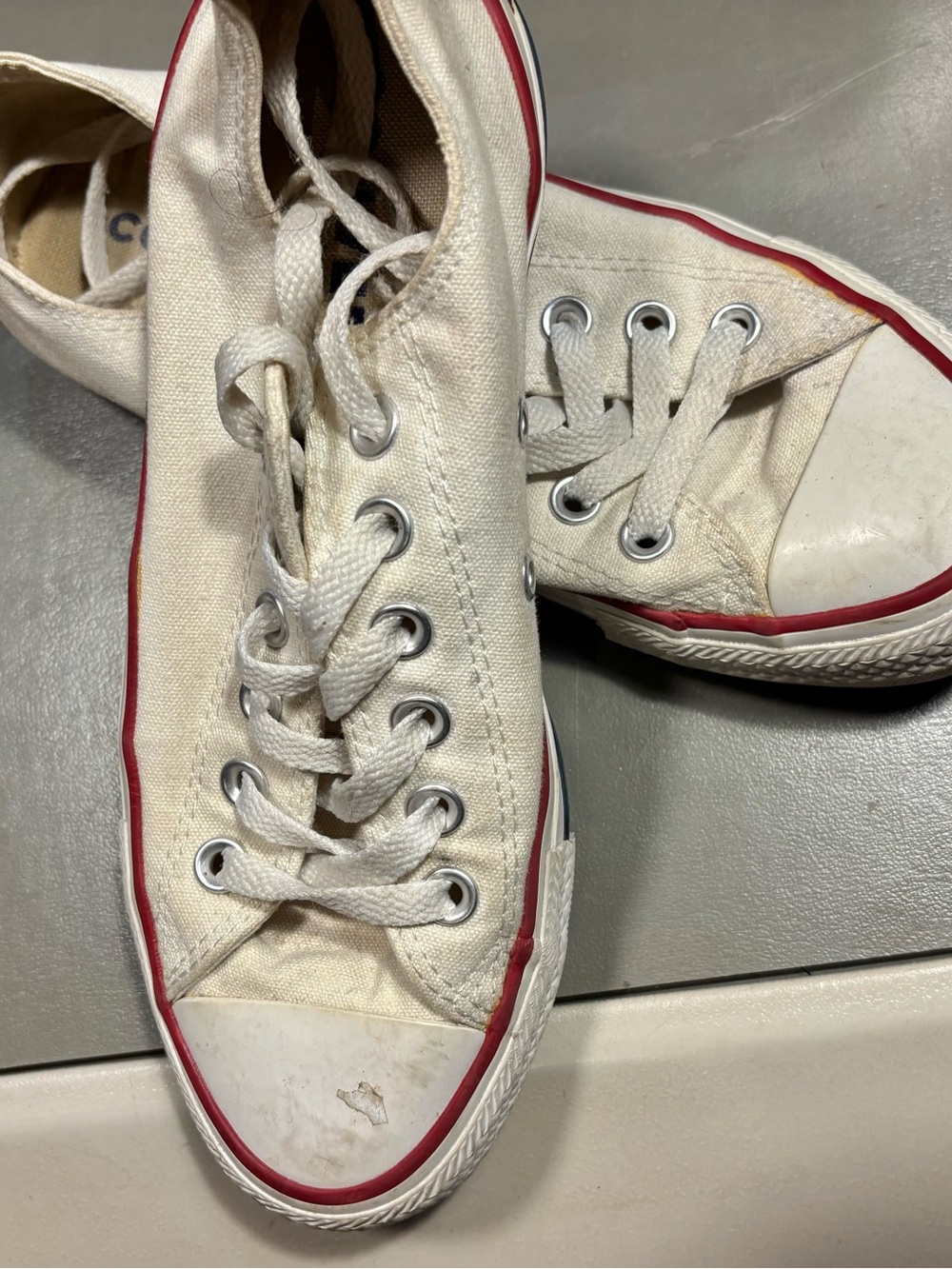 White Canvas Low-Top Sneakers with Red Trim - Women's